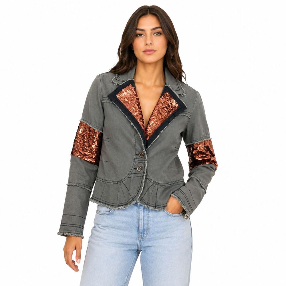 Da Nang Sequin Blazer Jacket Sz XS Gray Cotton Silk Lining Distressed Gorpcore